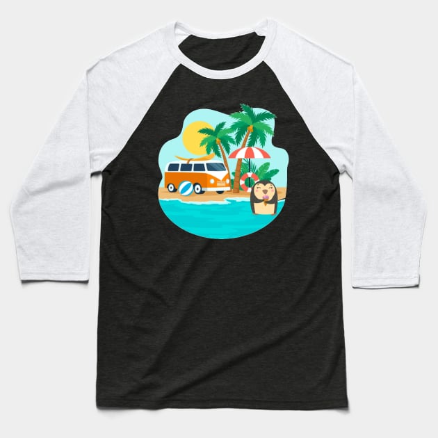 Penguin in Summer on The Beach with Ice Cream Baseball T-Shirt by Productcy